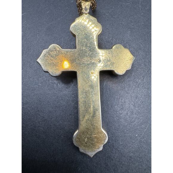 Vtg Whiting & Davis Beaded Floral Gold Tone Cross Pendant Dual Chain Necklace - Picture 6 of 10